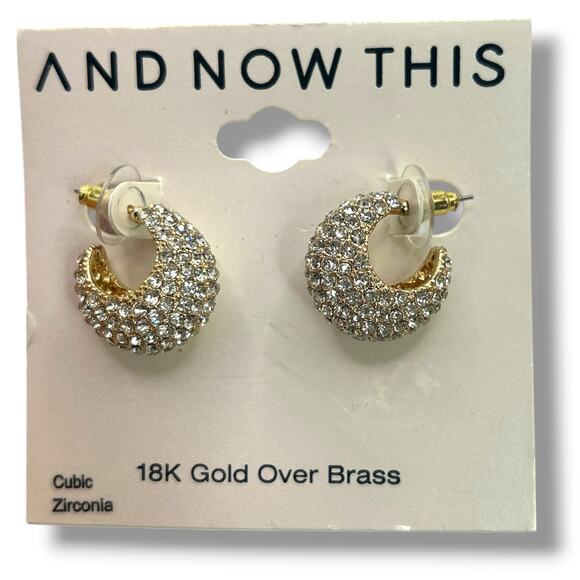 NEW And Now This 18K Gold Over Brass Small Pavé C-Hoop Earrings 0.85" - Picture 1 of 10